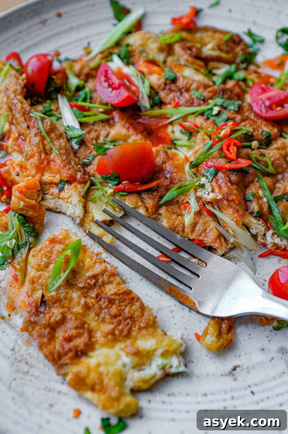 Thai Omelette (Kai Jeow) | cookeatworld.com A plate of Thai Omelette with a fork.