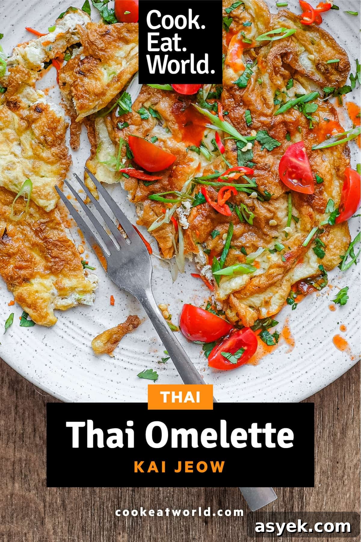 Thai Omelette (Kai Jeow) | cookeatworld.com A plate of Thai Omelette with a fork.