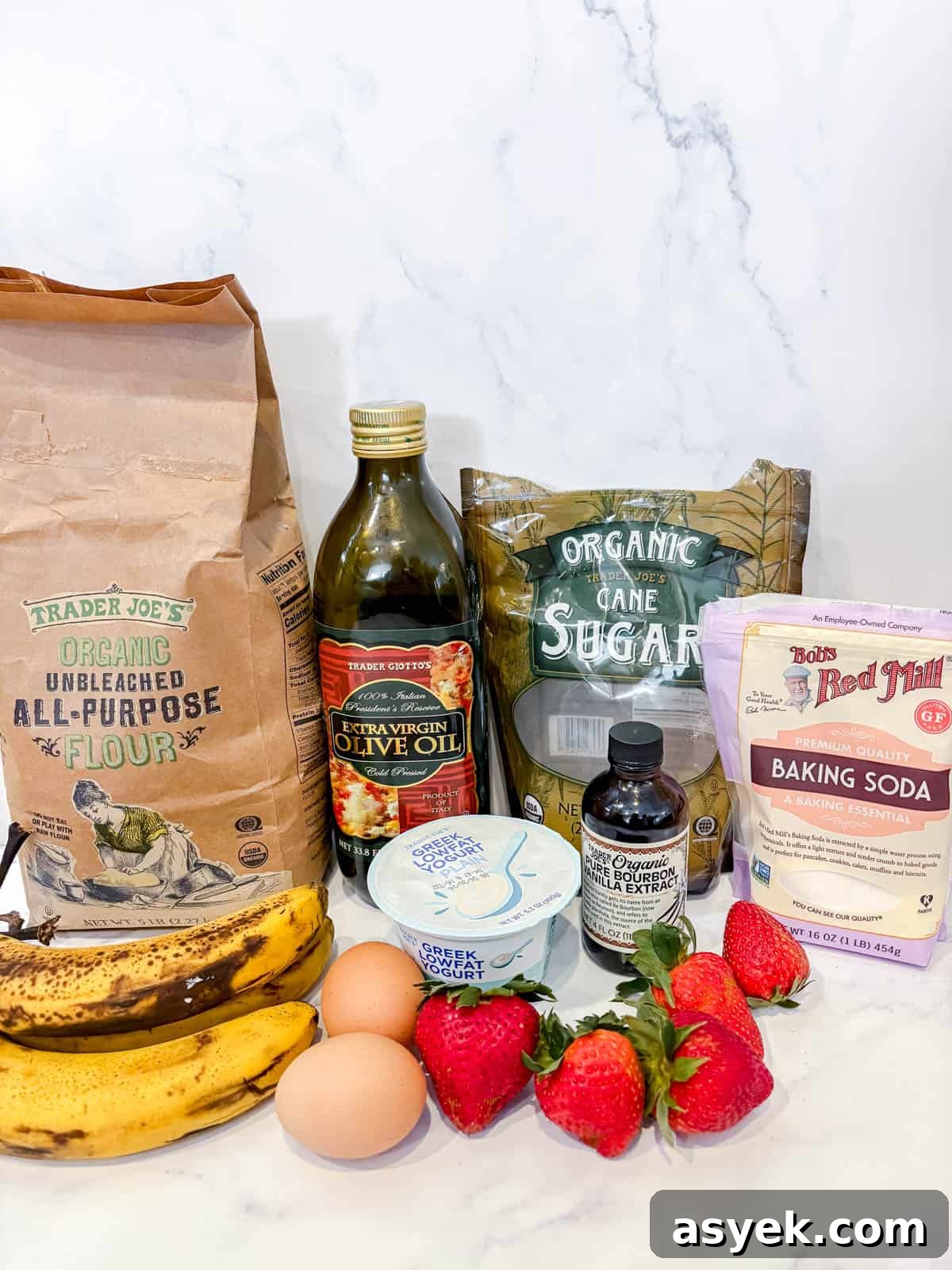 Ingredients needed to make strawberry banana bread.