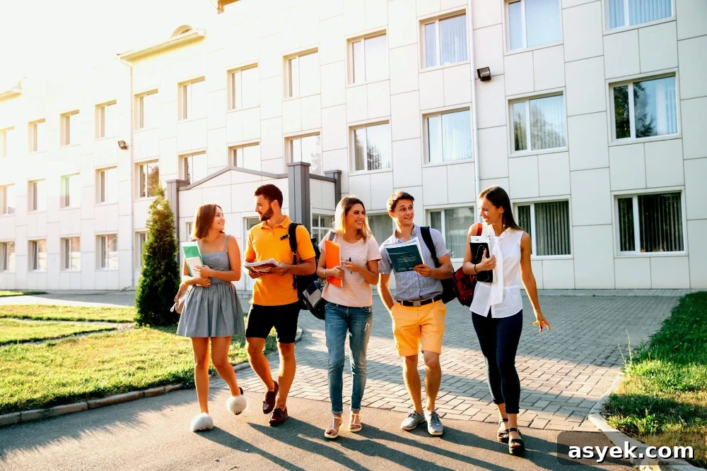 group people walking front of the building with book back