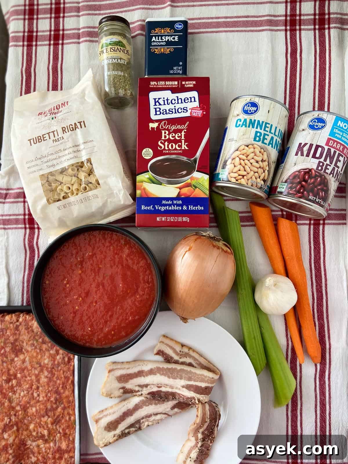 Ingredients for pasta fagioli on table.
