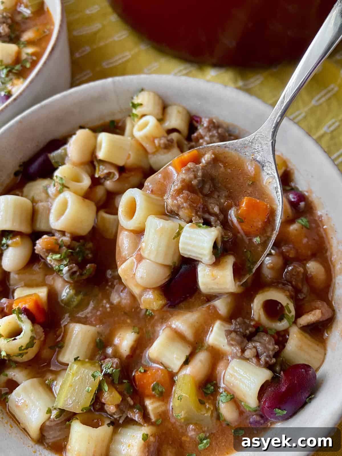 Spoonful of pasta fagioli on spoon.