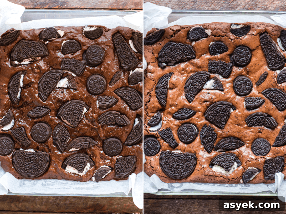 oreo brownie batter before and after baking collage