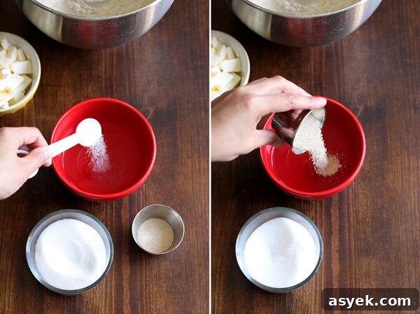 How to Make Butter Croissants at Home — Croissant Series Part 1 5 Adding sugar and yeast to warm water to bloom for my butter croissant recipe.
