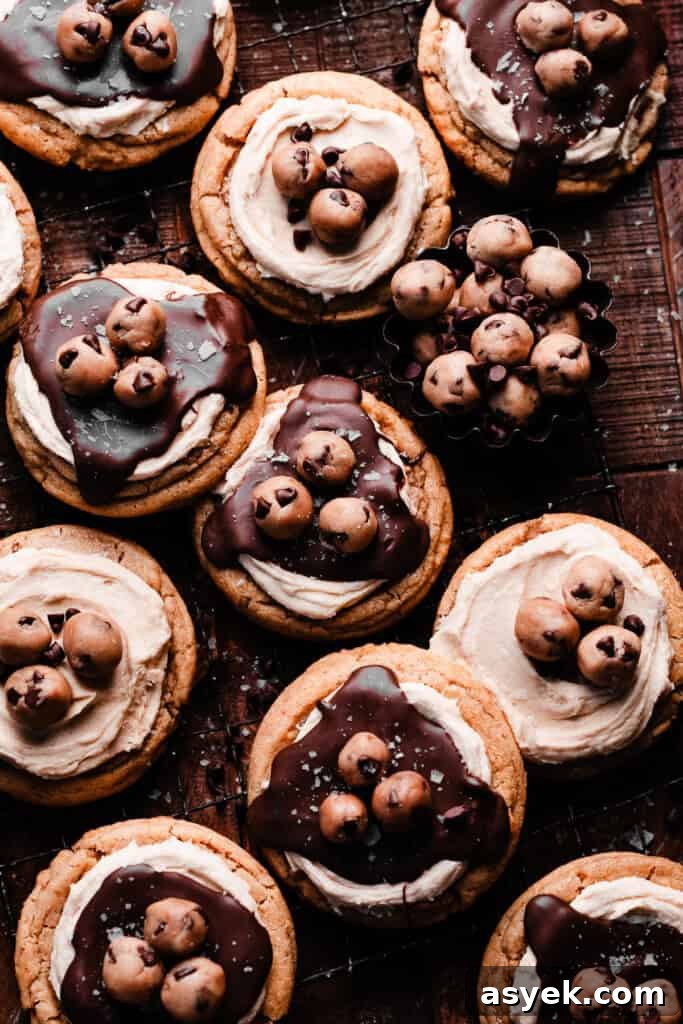 Decorated cookie dough cookies on a vintage wire rack on a wooden backdrop.