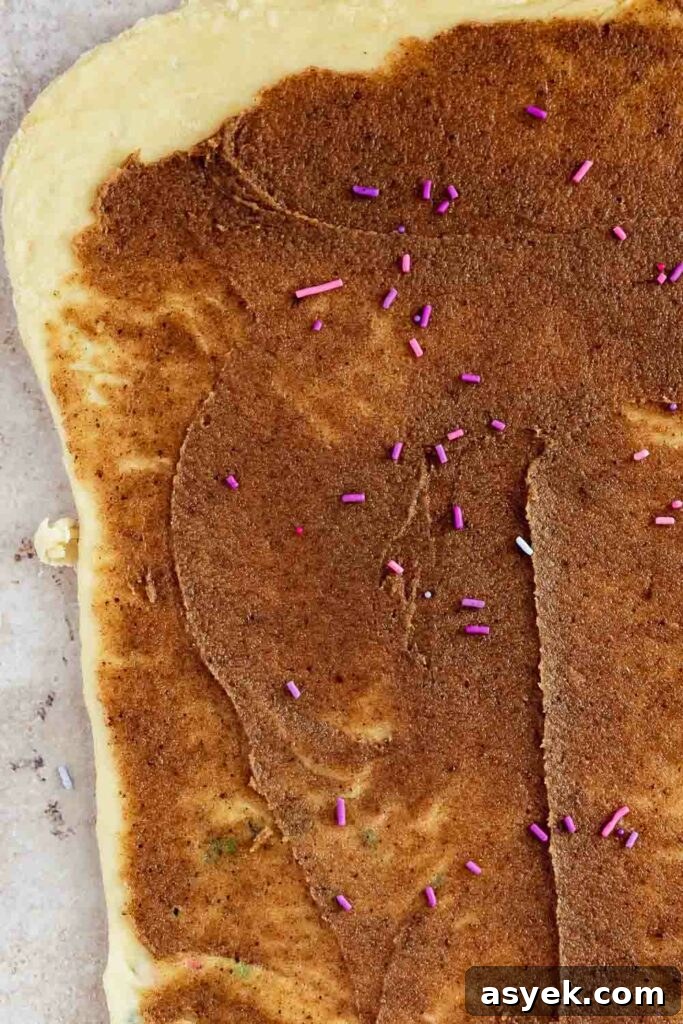 rolled dough spread with cinnamon filling and sprinkles on top