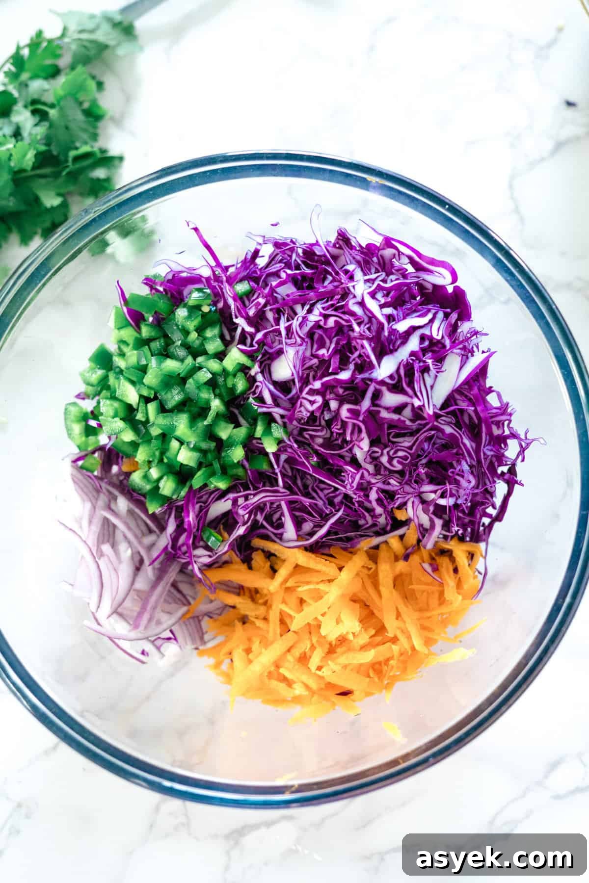 Purple Cabbage Coleslaw Recipe with Zesty Dressing 5 Purple cabbage slaw ingredients in a glass bowl.