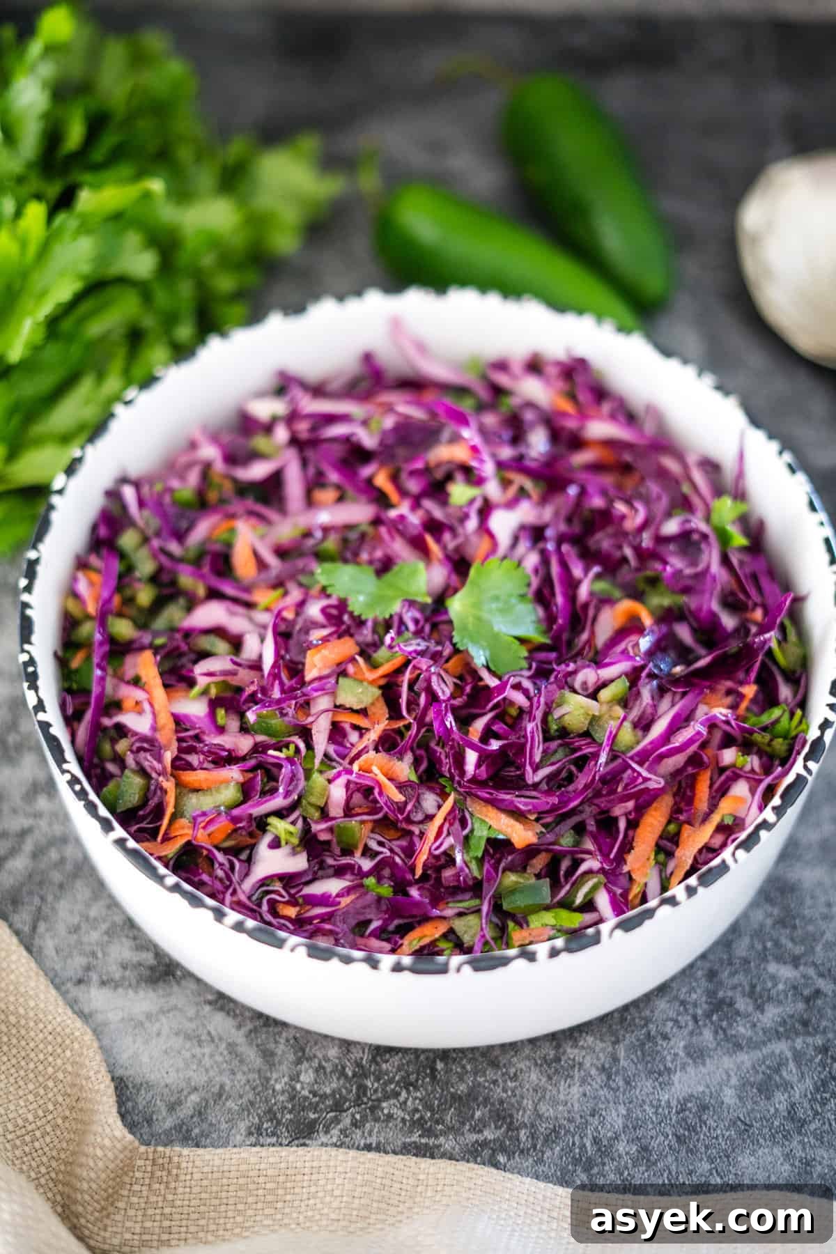 Purple Cabbage Coleslaw Recipe with Zesty Dressing 8 A bowl of purple coleslaw with vegetables.