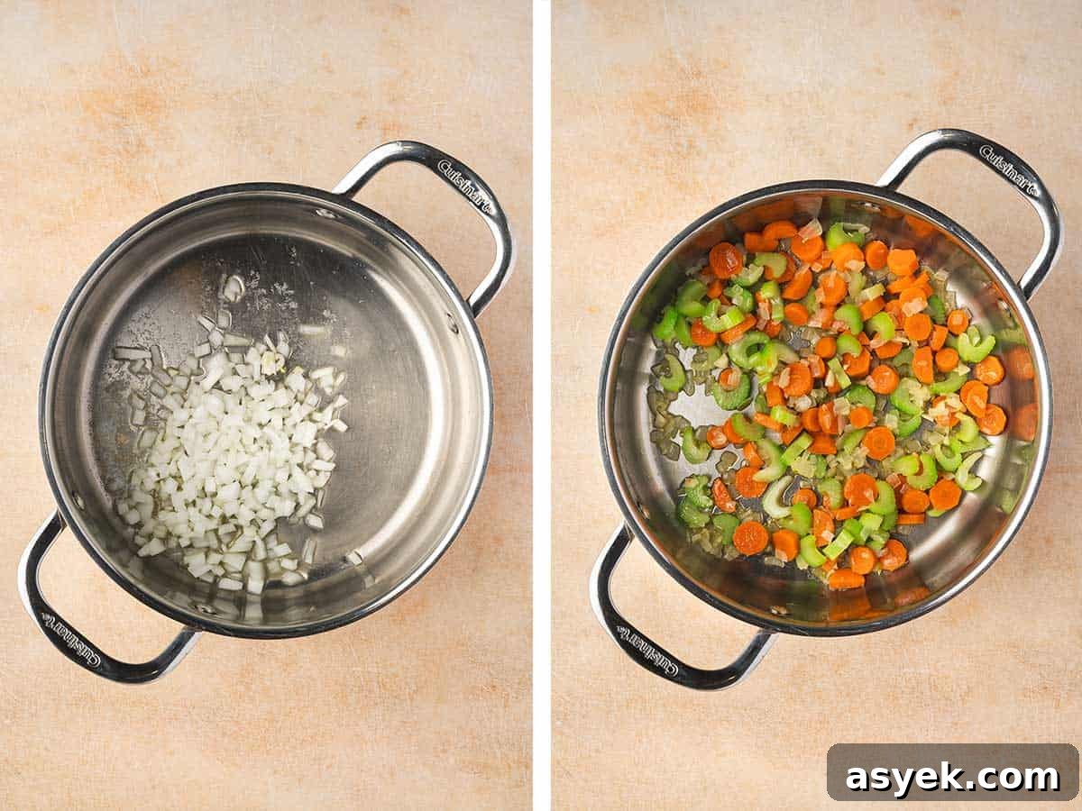 Set of two photos showing onions added to a pot then carrots and celery added.