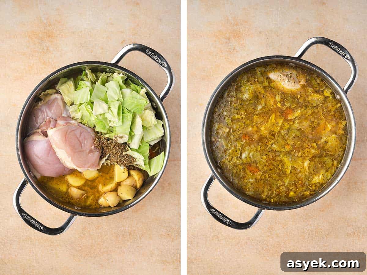 Set of two photos showing potatoes, chicken thighs, cabbage, seasoning, and broth added to the pot and then simmered.