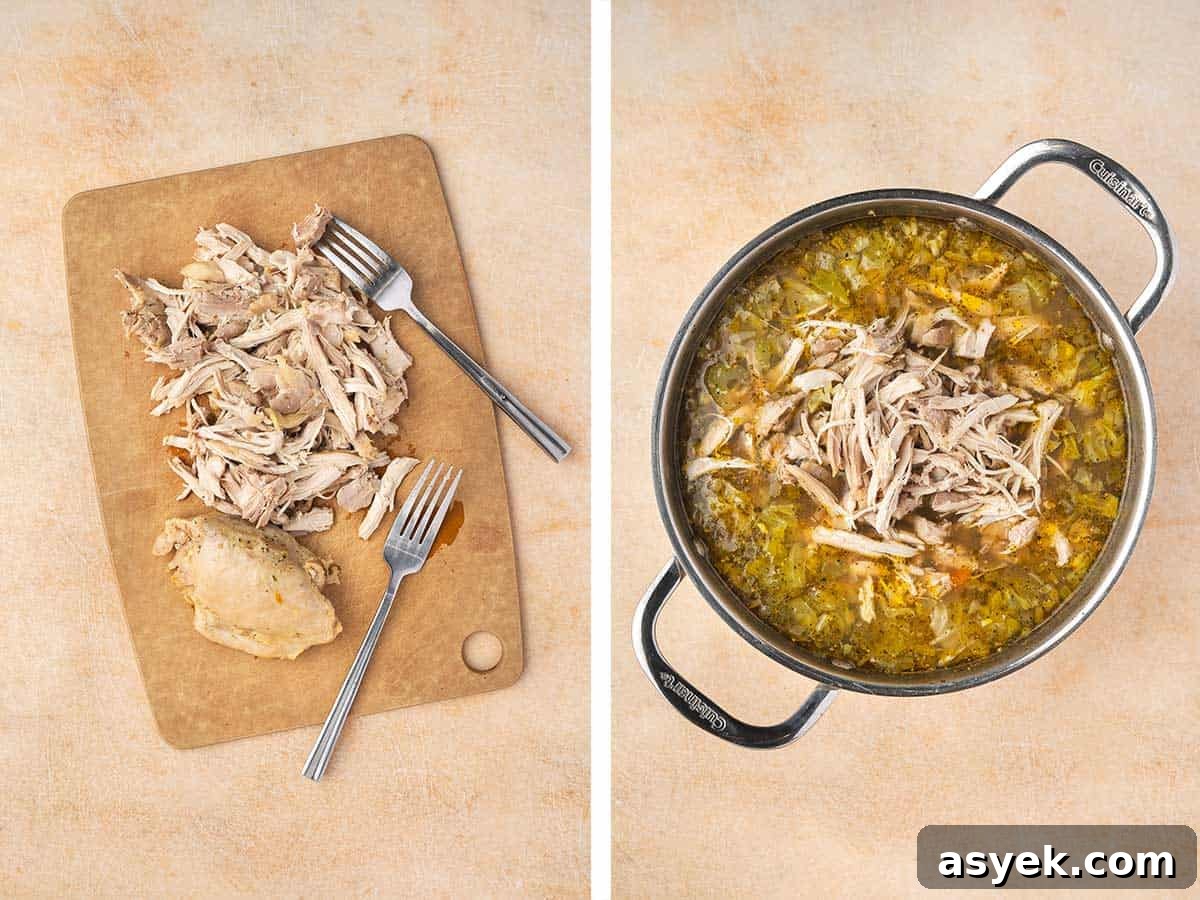 Set of two photos showing chicken thighs shredded on a cutting board and added back to the soup.
