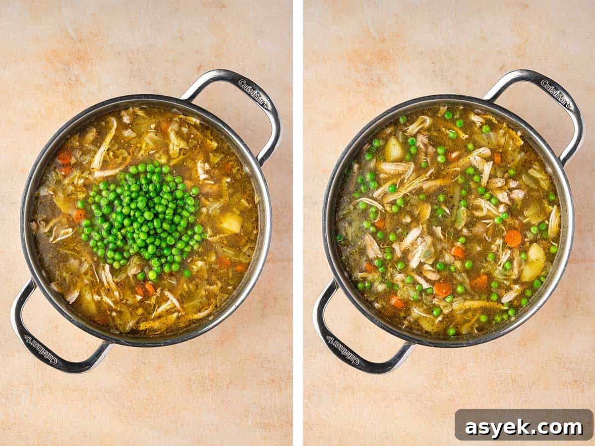Set of two photos showing peas added to the soup and stirred to combine.