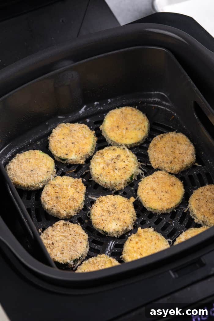 Crispy Air Fryer Zucchini Chips Recipe 9 Breaded zucchini rounds in the basket of an air fryer.