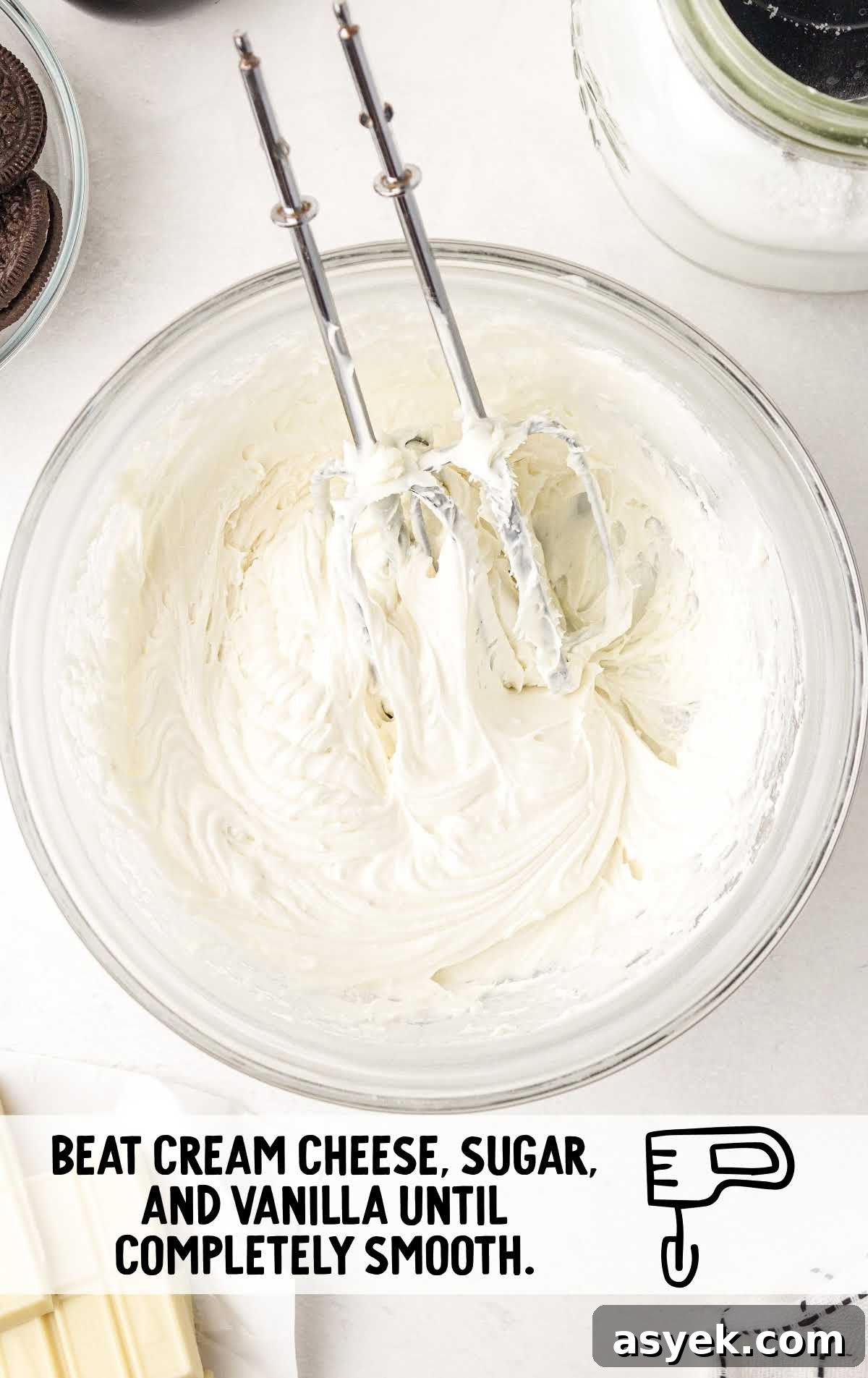 No-Bake Oreo Fudge Recipe 4 cream cheese, sugar, and vanilla blended together