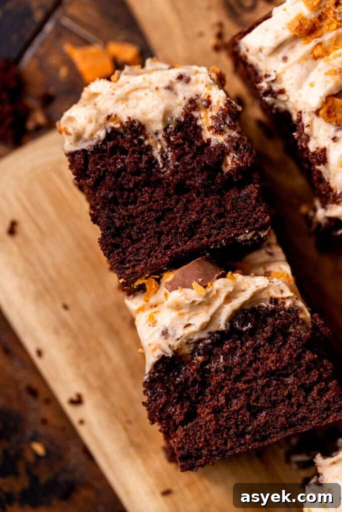 Two pieces of butterfinger cake on their side.