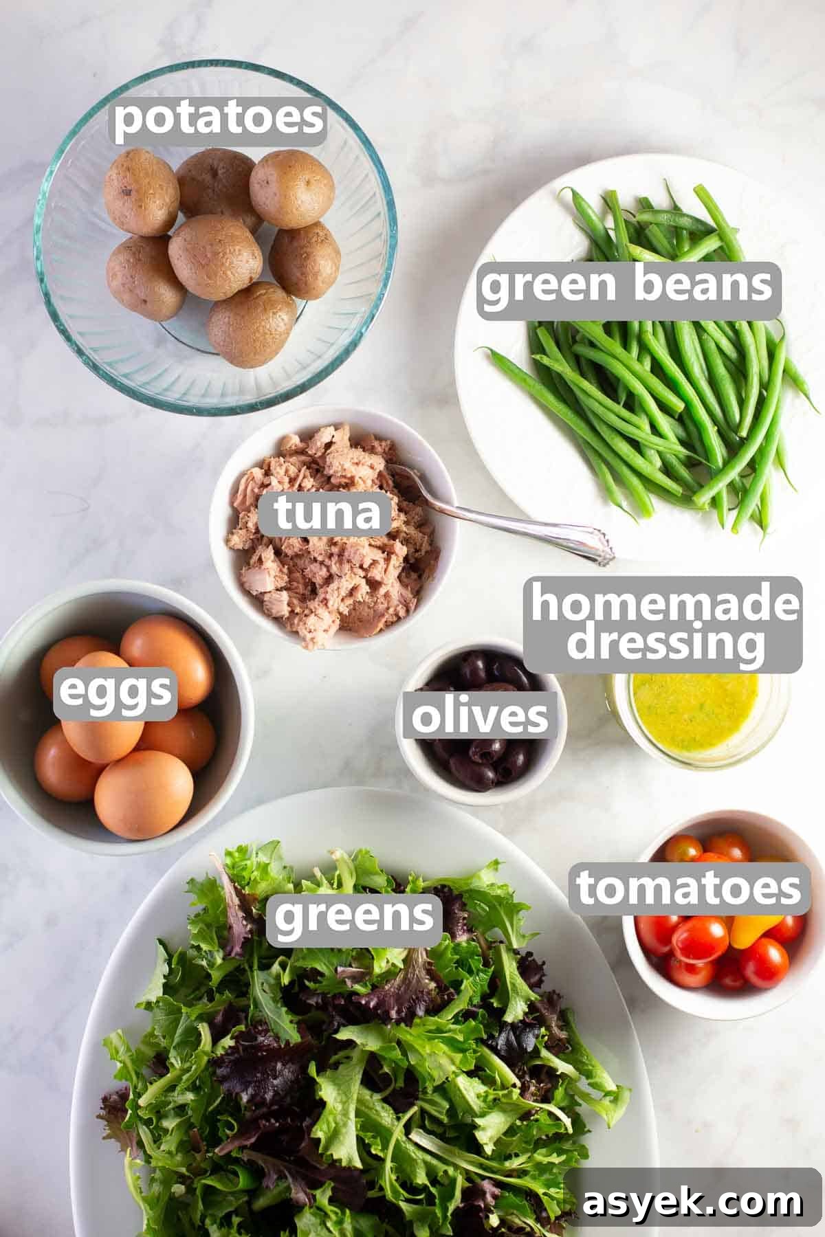 Salad Nicoise Ingredients Salad niçoise ingredients measured and labeled.