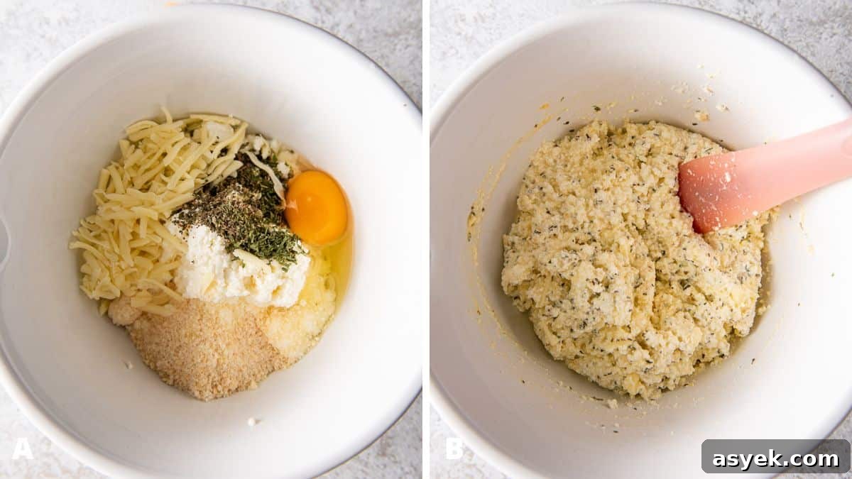 Ricotta filling ingredients in a bowl and then mixed together