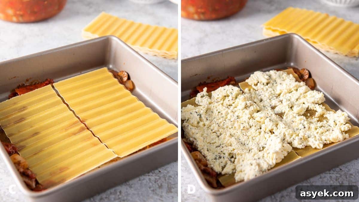 Left - pan with sauce and the noodles. Right - ricotta filling on the noodles
