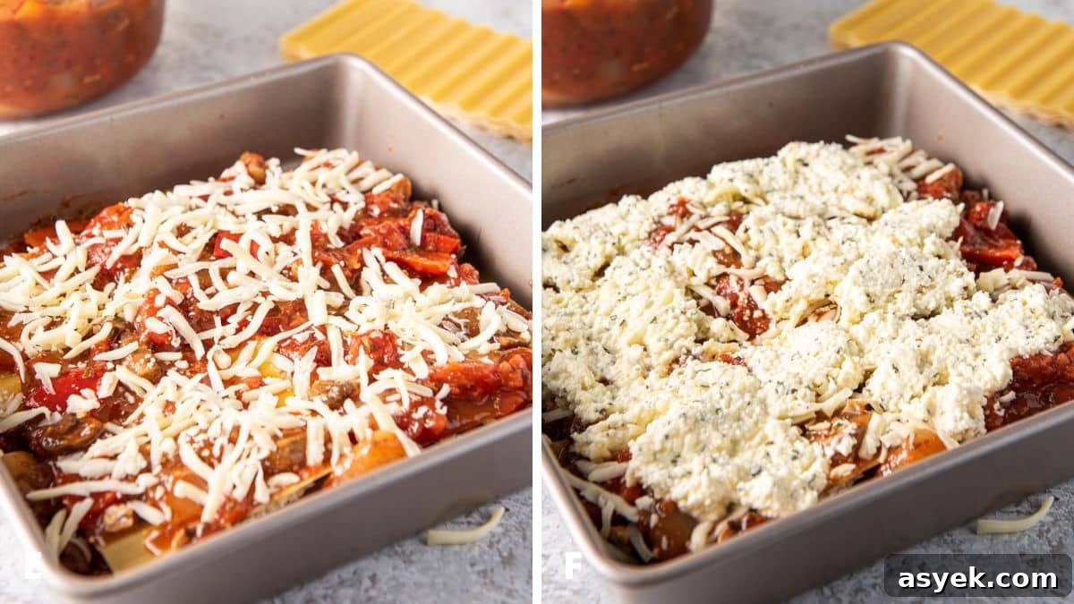 Layering the lasagna with cheese, sauce and filling