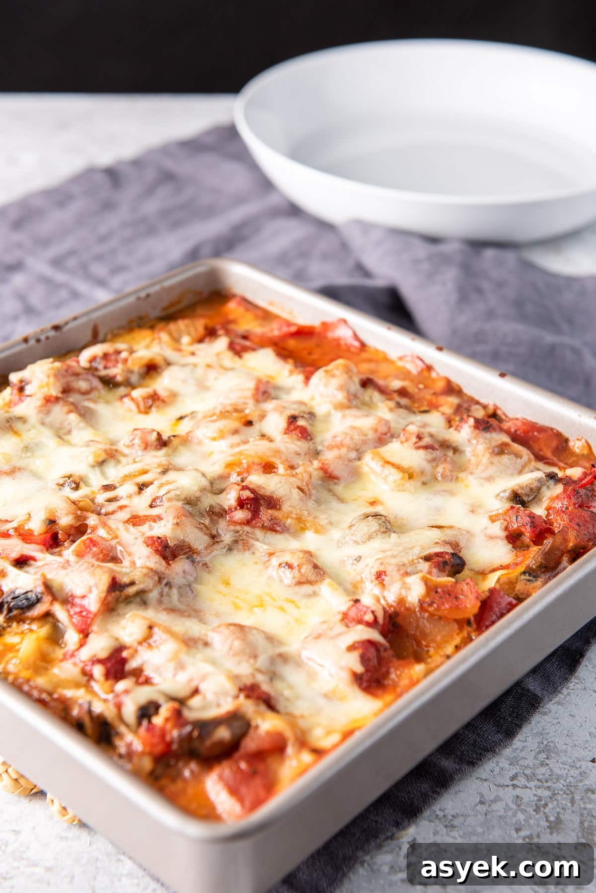A pan of lasagna straight out of the oven