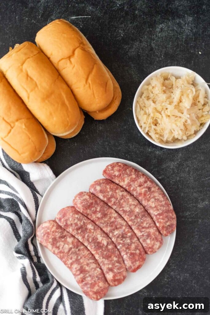 Ingredients needed - bratwursts, avocado oil, bratwurst buns, sauerkraut