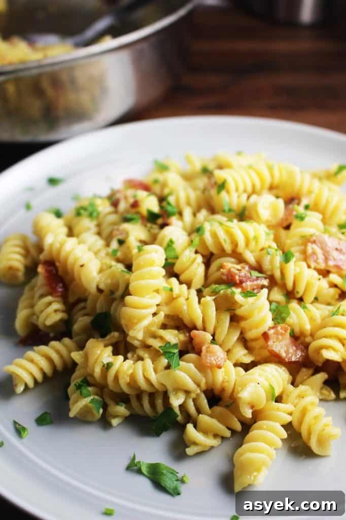 5 Quick Date Night Dinner Ideas for a Romantic Evening 3 A plate of rotini pasta carbonara sprinkled with parsley
