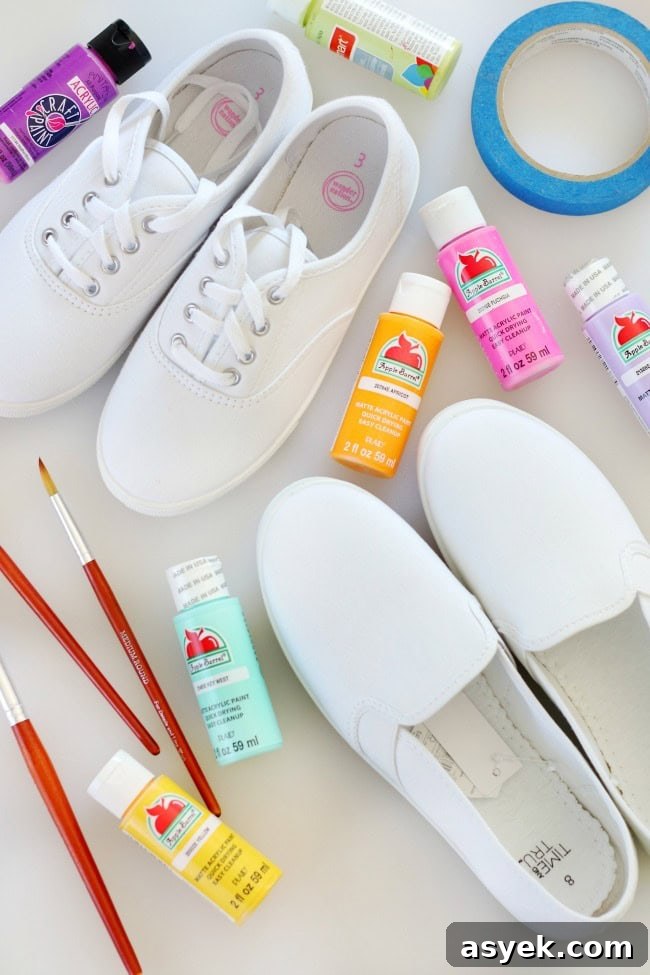 paint with paint brushes and white canvas shoes