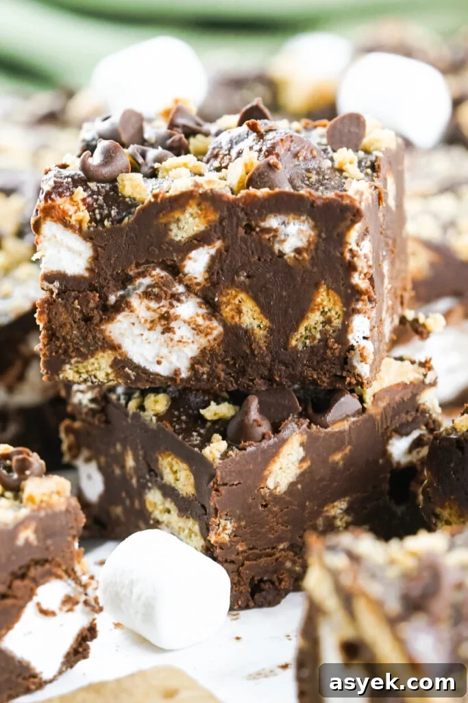 Decadent S'mores Fudge Recipe 2 two pieces of s'mores fudge stacked on top of each other