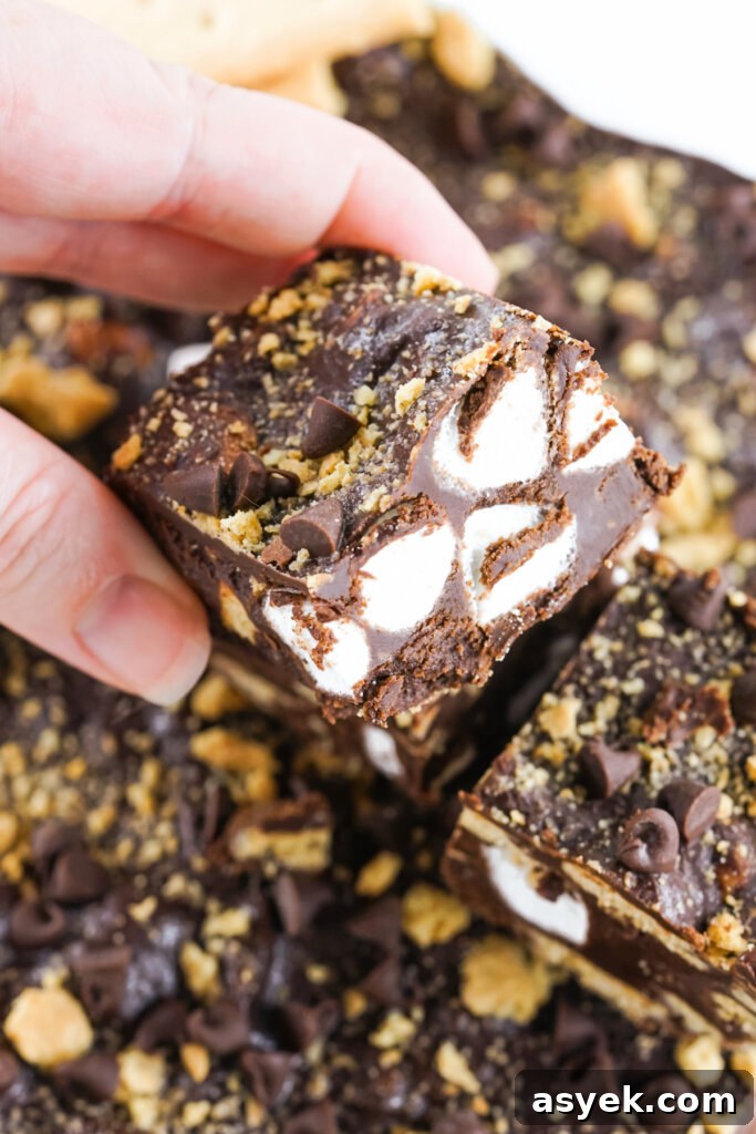 Decadent S'mores Fudge Recipe 3 hand holding a piece of fudge