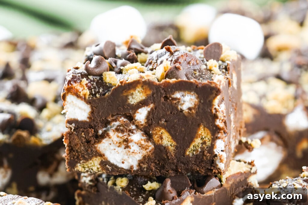Decadent S'mores Fudge Recipe 6 s'mores fudge square sitting on top of other pieces of fudge