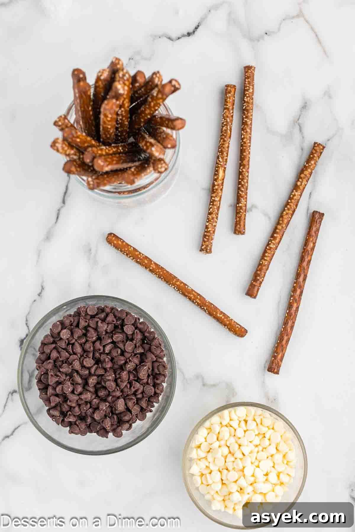 Ingredients for the recipe - pretzel rods and chocolate chips