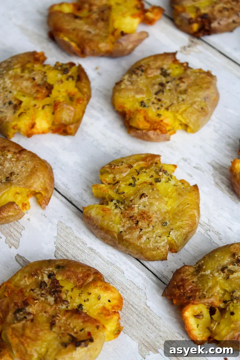 Air fryer smashed potatoes on a wooden white board.