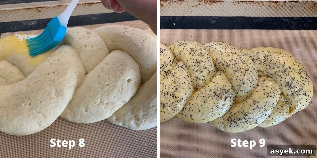Photos of brushing the challah with egg wash and sprinkling poppy seeds.
