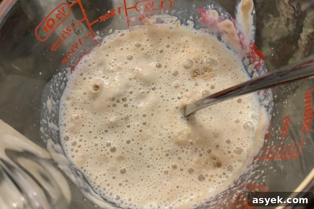 Yeast bubbling in a measuring cup.