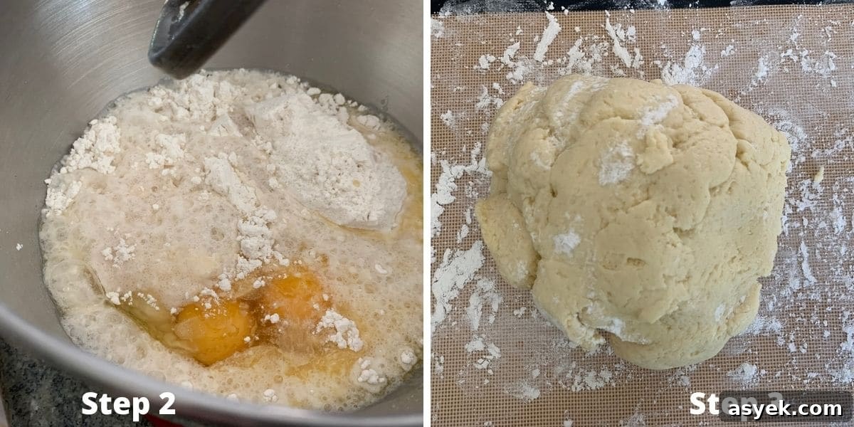 Photos of mixing the dough in the stand mixer, and of the final dough ball on a silicone mat.