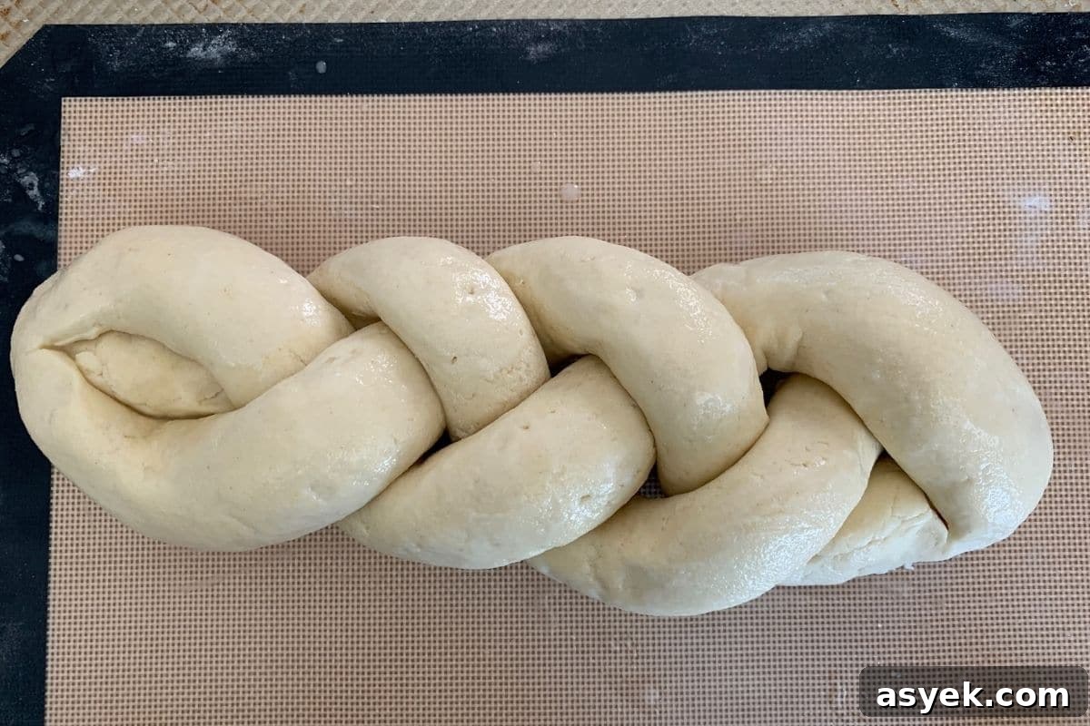 A braided challah dough ready to rise.