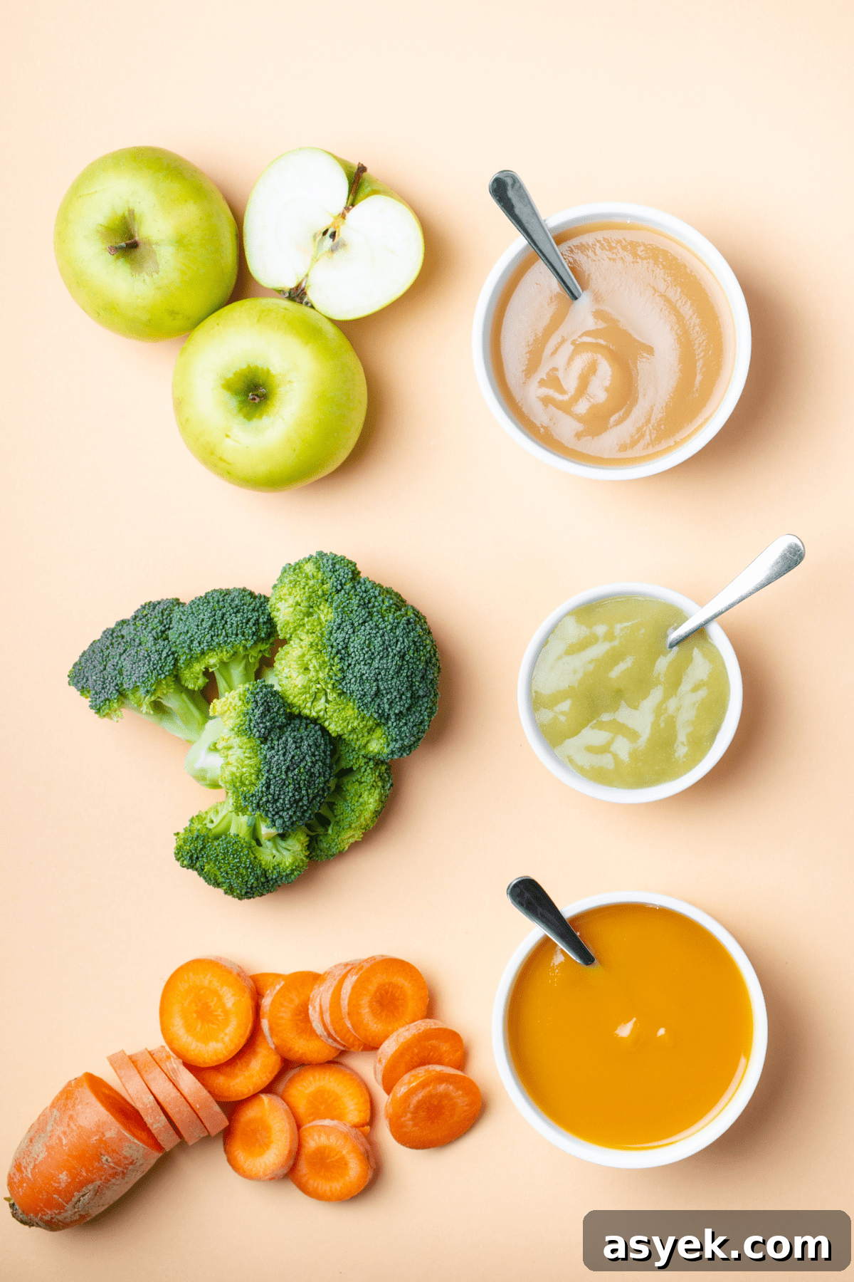 baby food purees apple, broccoli and carrots