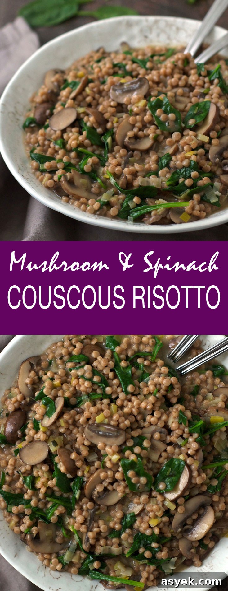 Creamy Israeli Couscous Risotto with Mushrooms and Spinach 4 Risotto easy enough for a weeknight? YES! This simple, healthy Israeli Couscous Risotto with Mushrooms and Spinach can be made ahead!