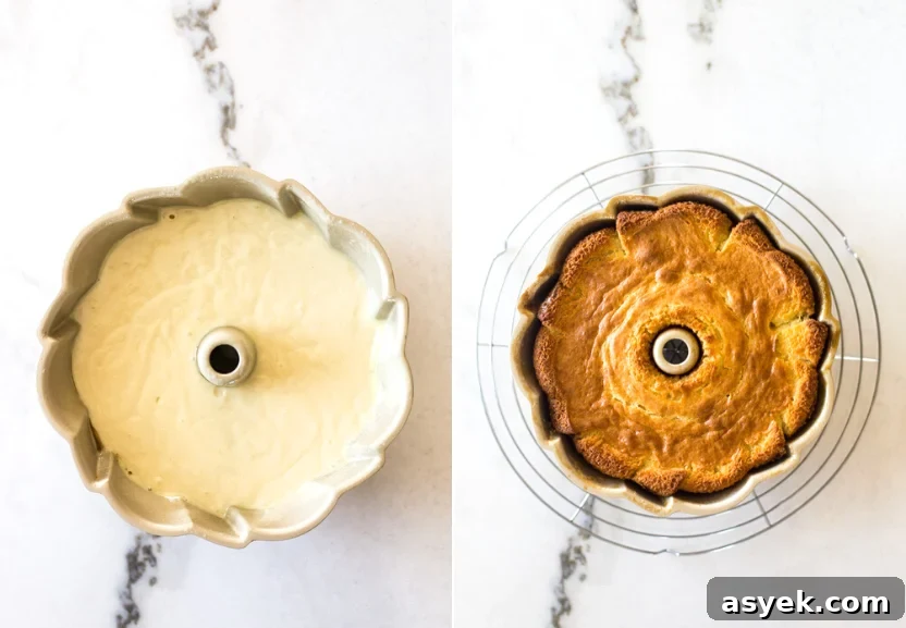 Classic Pecan Pie Bundt Cake Recipe 6 Diptich of a prebaked bundt cake and a baked bundt cake
