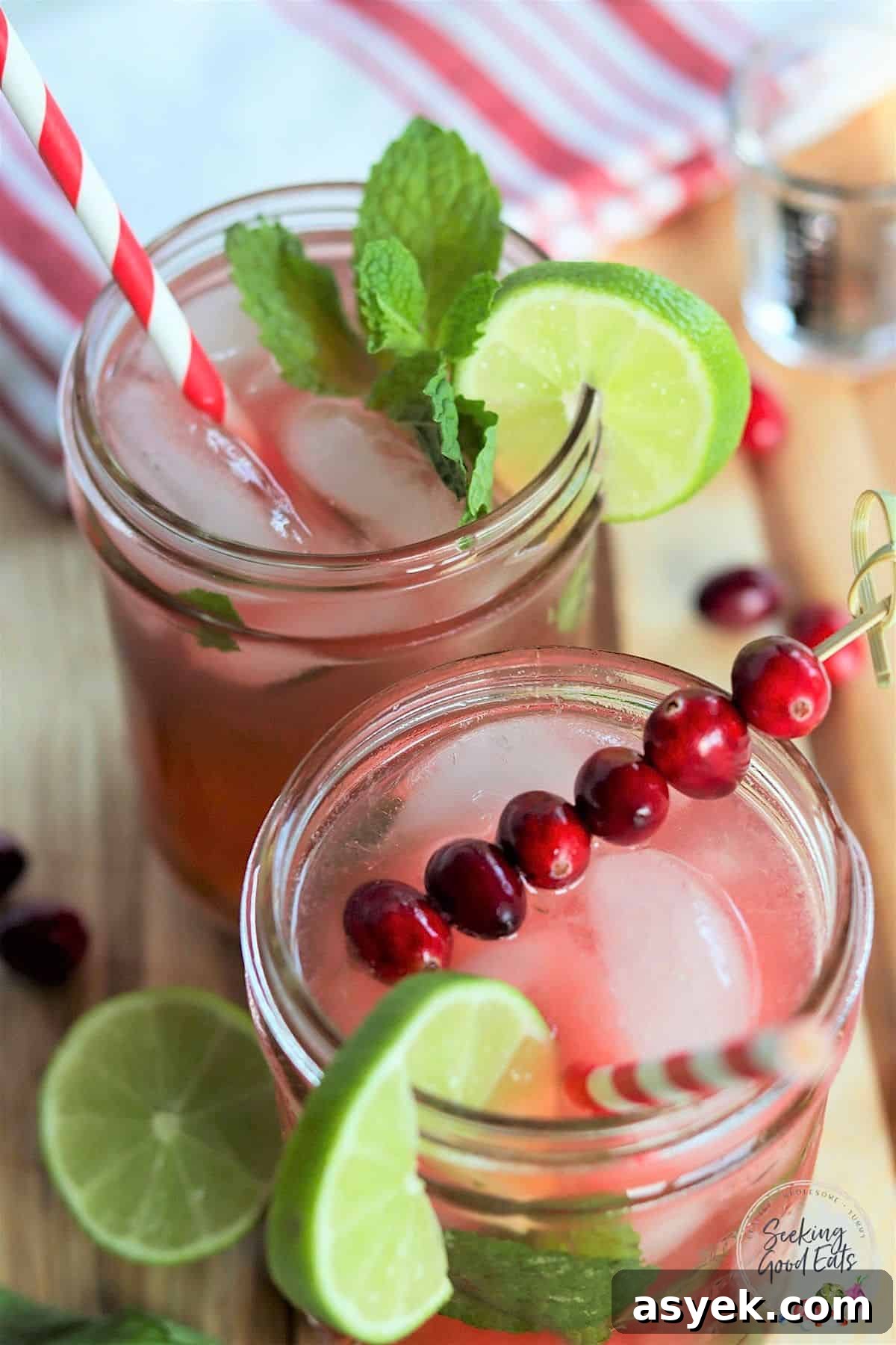 Cranberry Mojito Cocktail with Fresh Lime and Mint 2 Two mojito cranberry cocktails served in clear glass mason jars.