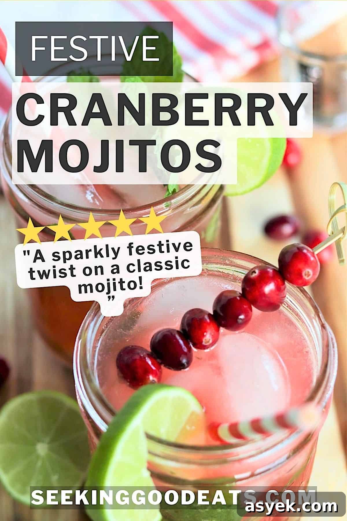 Cranberry Mojito Cocktail with Fresh Lime and Mint 3 A cranberry mojito served in a jar with a skewer of cranberries and lime wedges.