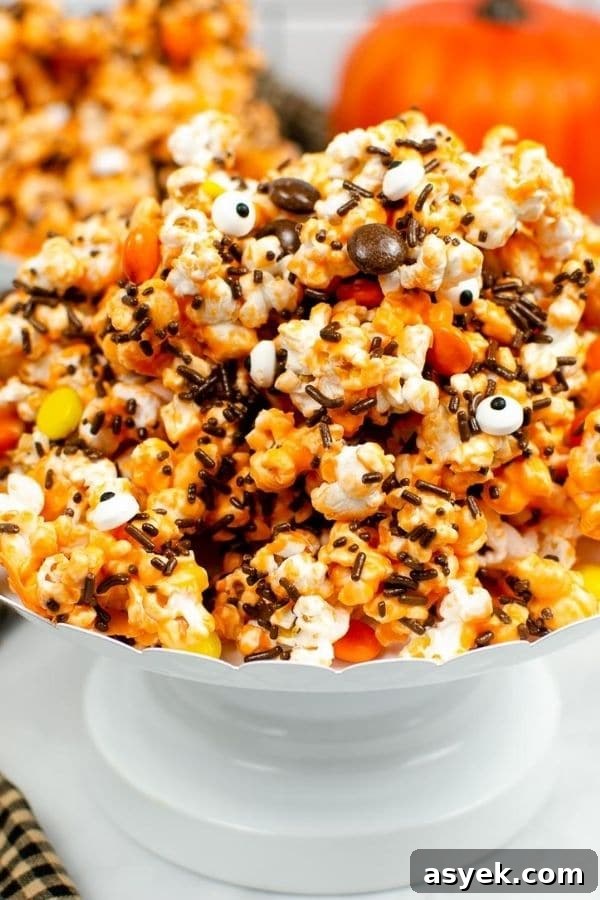 Instant Pot Monster Munch Popcorn Recipe 5 halloween mix on a pie pedestal