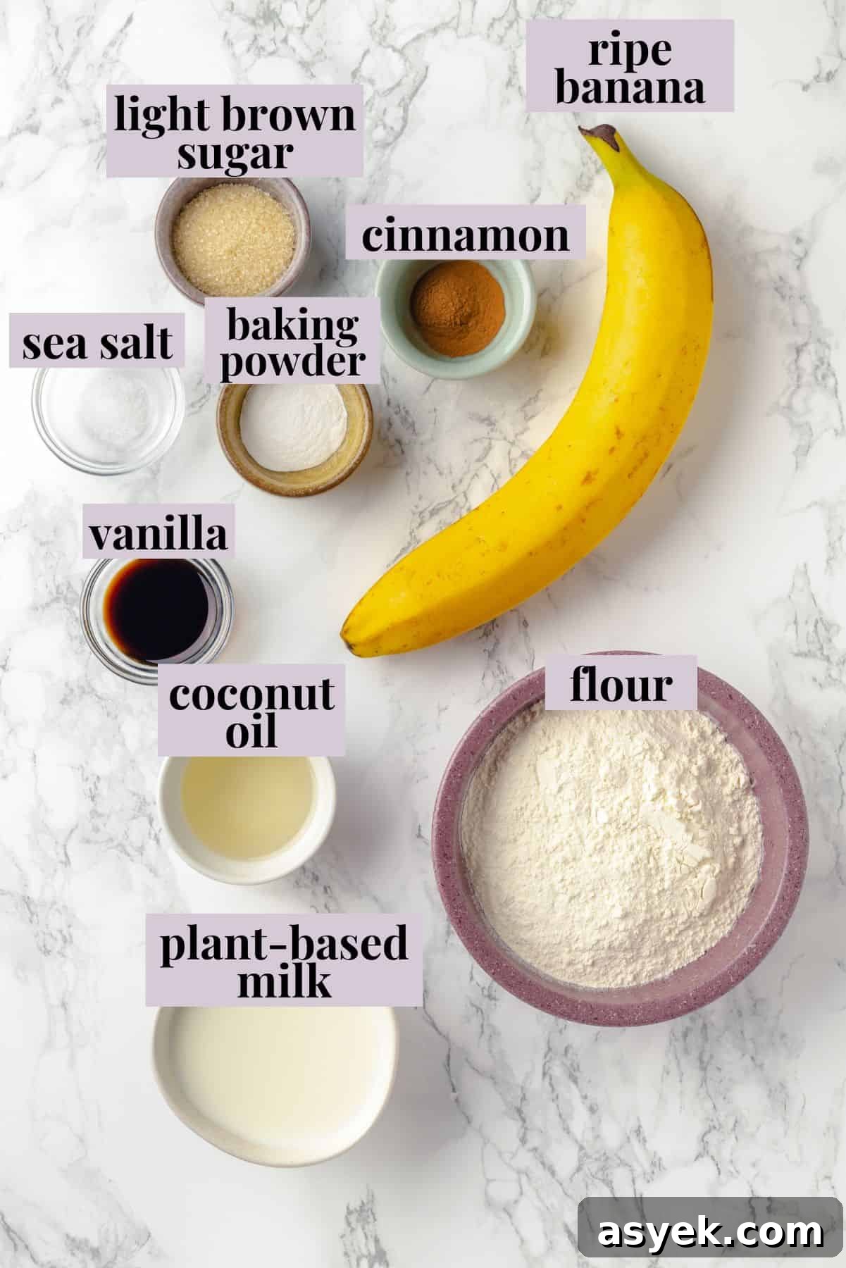 Overhead view of ingredients for banana pancakes with labels