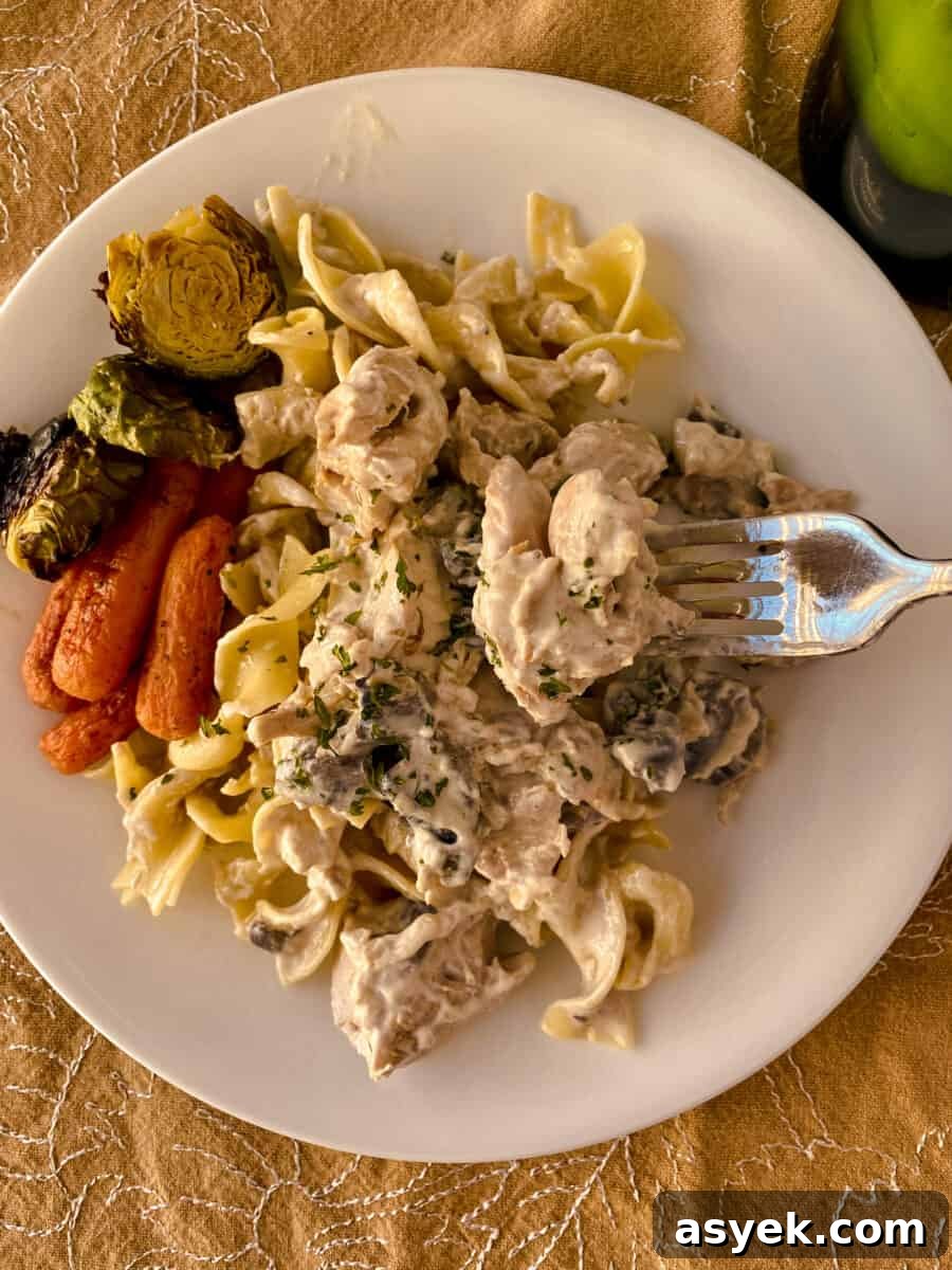 A serving of chicken stroganoff on a plate, on a tablecloth with a fork
