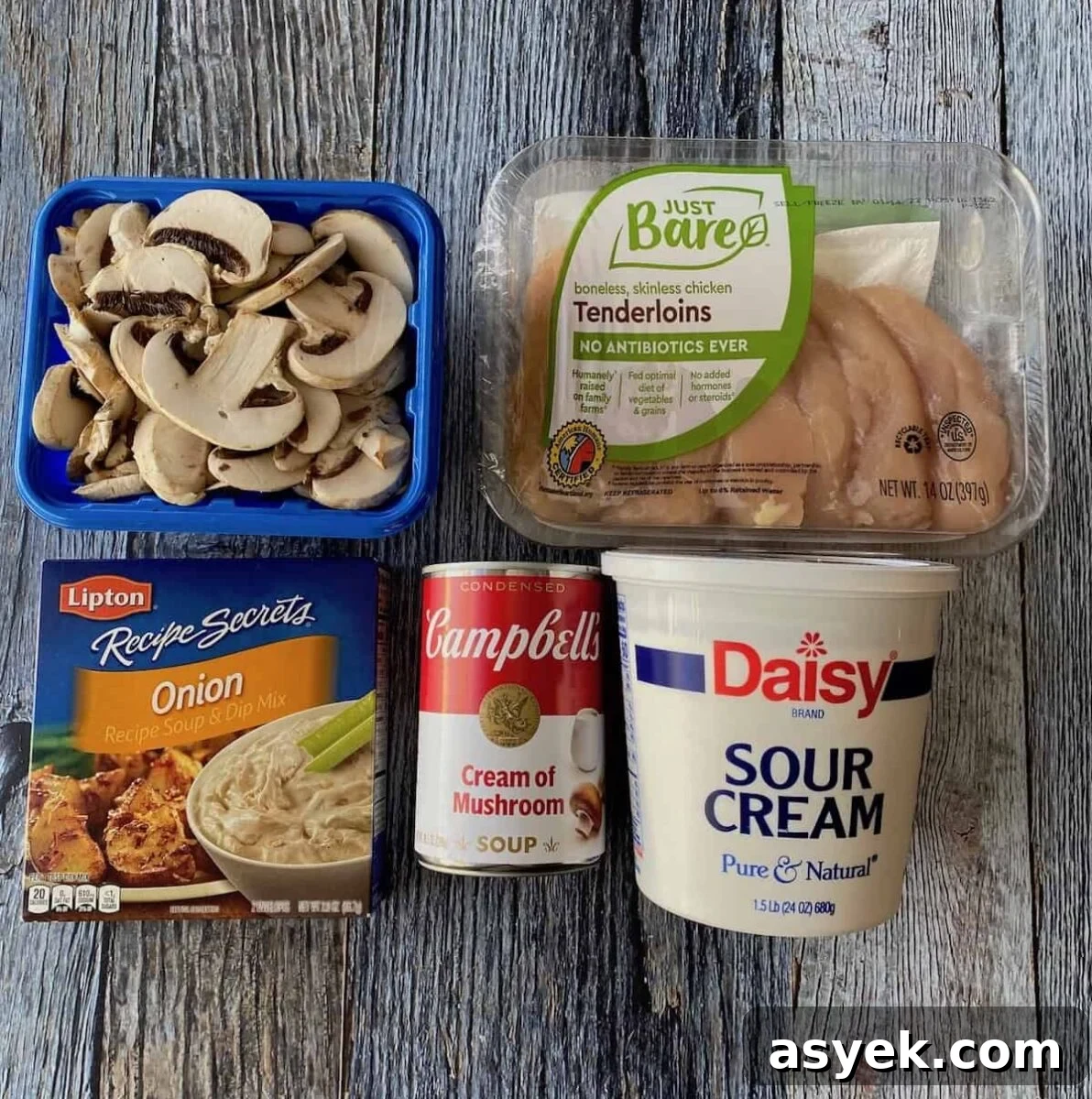 Chicken stroganoff ingredients on wooden planks