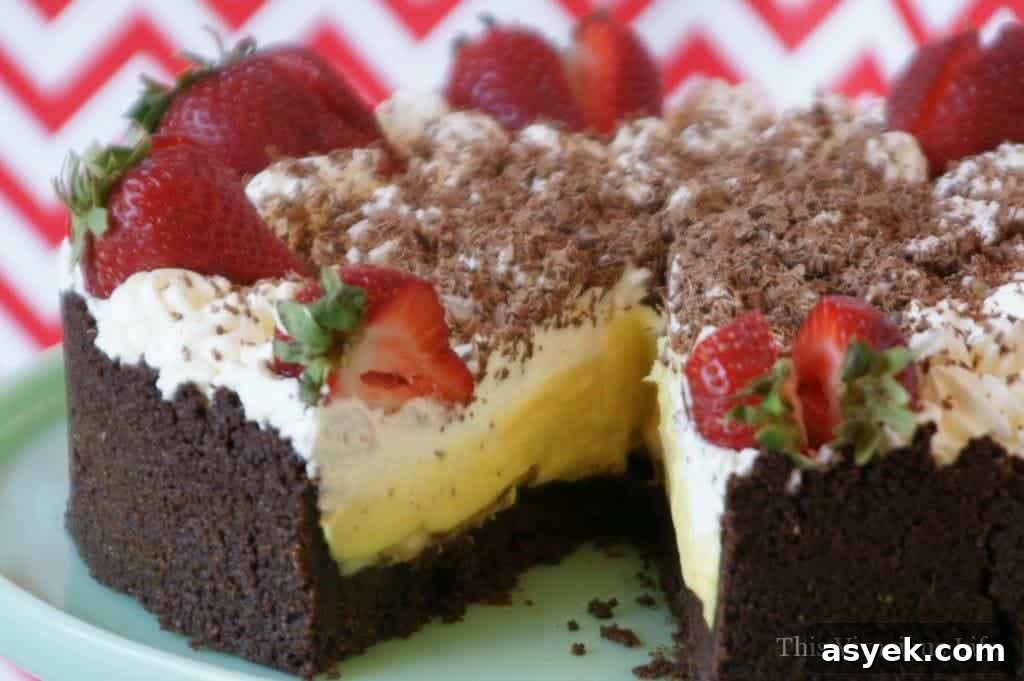 Gluten-free banana black bottom pie on a stand