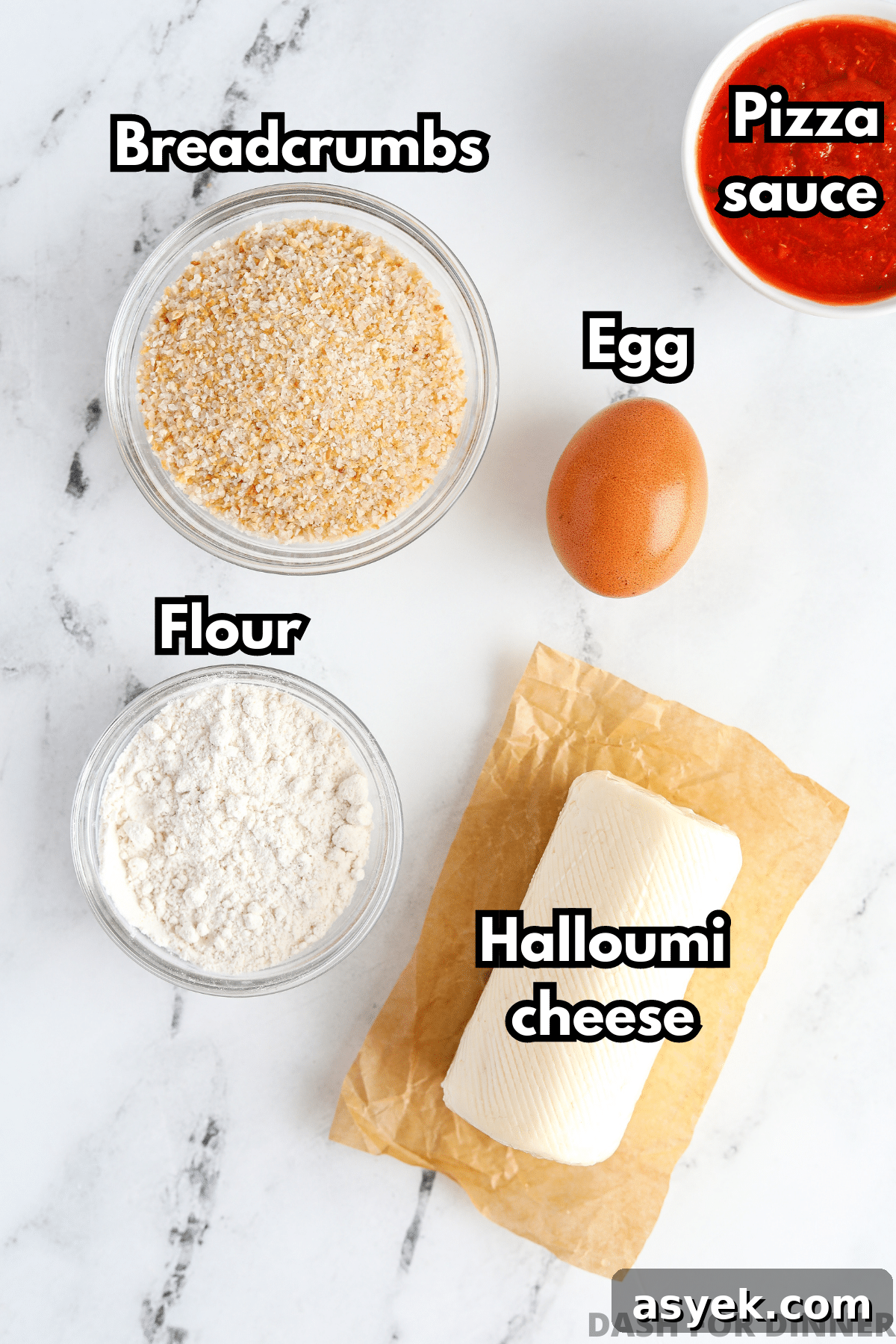 Crispy Air Fryer Halloumi Fries 3 Ingredients needed to make air fryer cheese fries: halloumi, breadcrumbs, flour, egg, and pizza sauce.