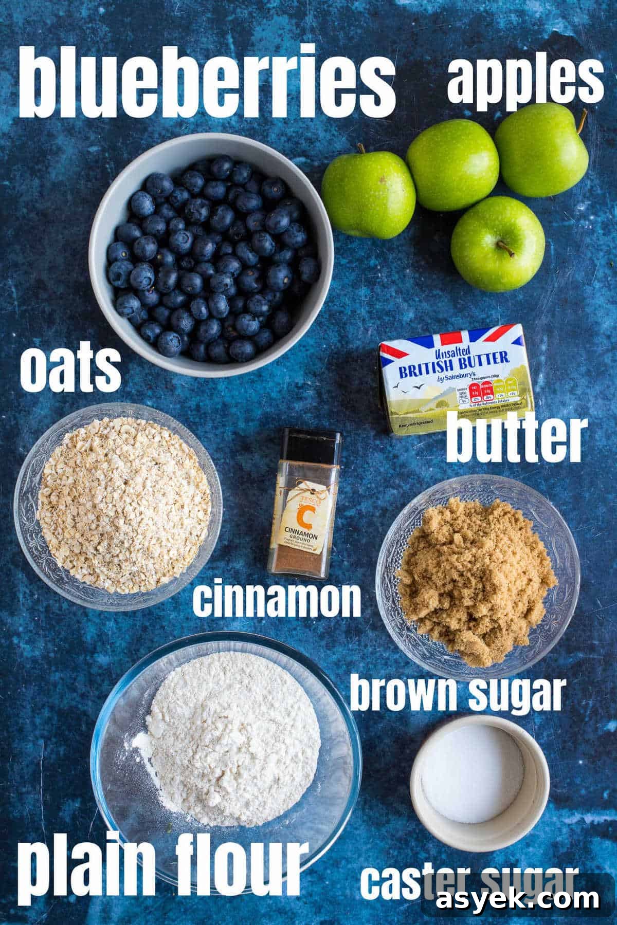 Classic Apple and Blueberry Crumble Recipe 3 Ingredients needed to make the apple and blueberry crumble.