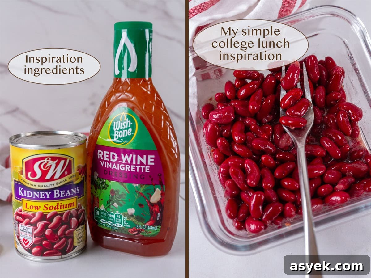 Zesty Kidney Bean Salad with Lemon and Fresh Herbs 3 A can of kidney beans and a bottle of dressing beside a glass dish of beans and dressing