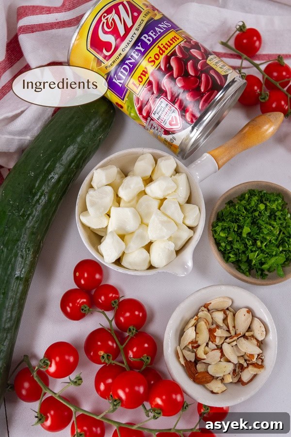 Zesty Kidney Bean Salad with Lemon and Fresh Herbs 5 Salad ingredients laid out